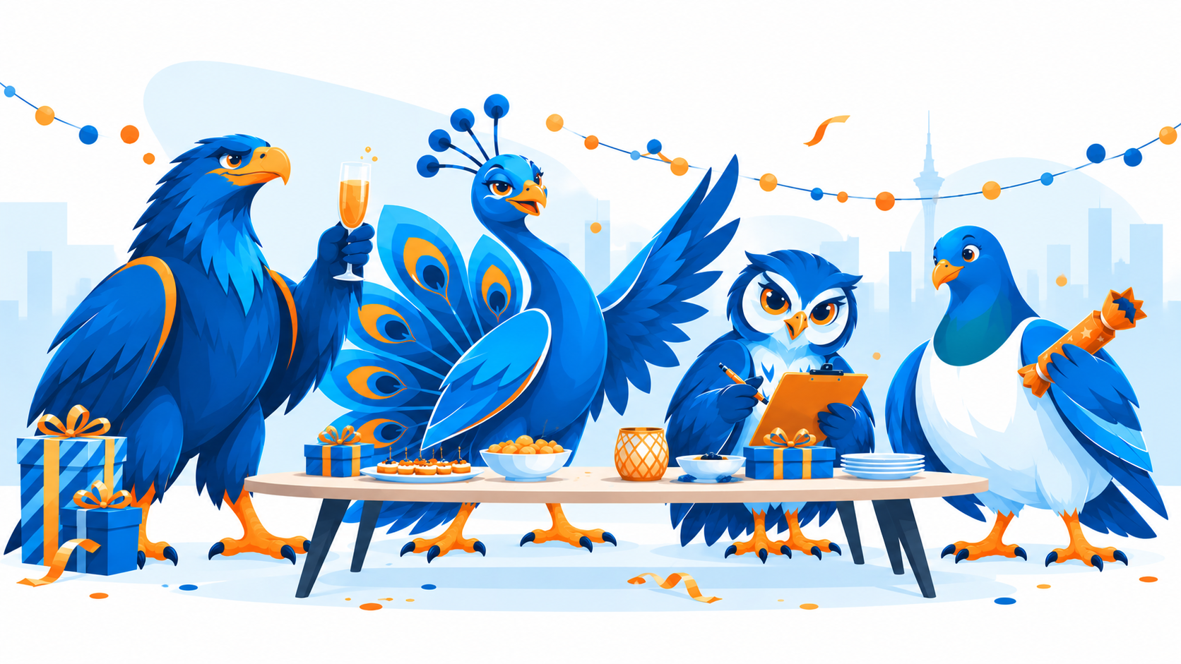 Dove, Owl, Peacock and Eagle characters celebrating Christmas together.